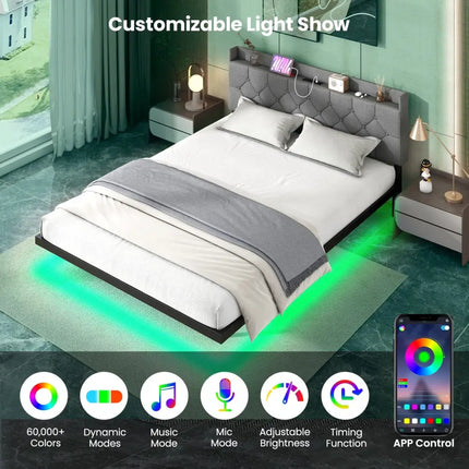 Full/Queen Size Floating Bed Frame with LED and Headboard and Charging Station-Queen Size - Gray - Simple Bed Frame