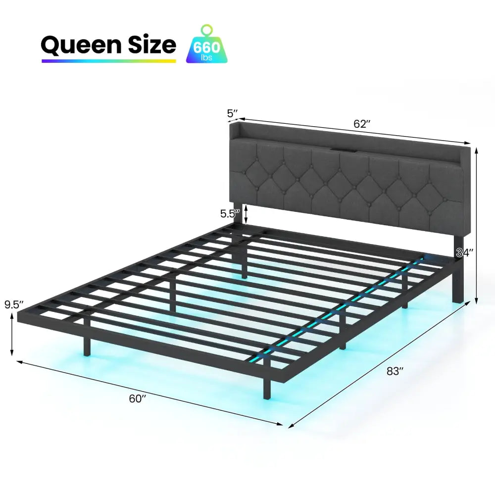 Full/Queen Size Floating Bed Frame with LED and Headboard and Charging Station-Queen Size - Gray - Simple Bed Frame