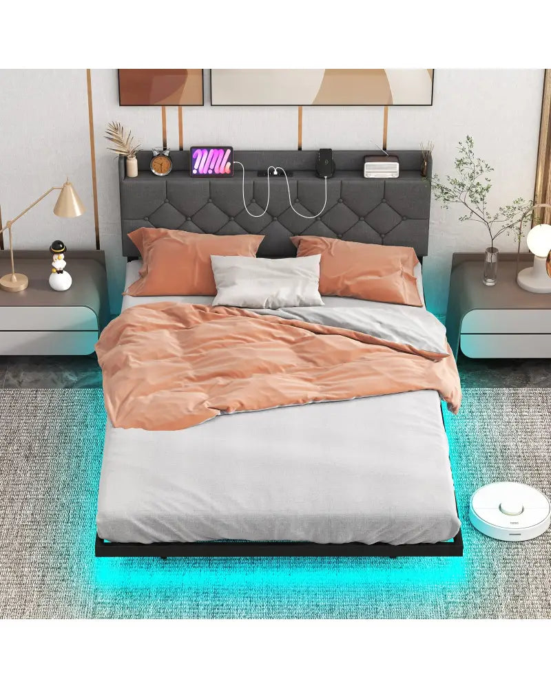 Full/Queen Size Floating Bed Frame with LED and Headboard and Charging Station-Full Size - Gray - Simple Bed Frame