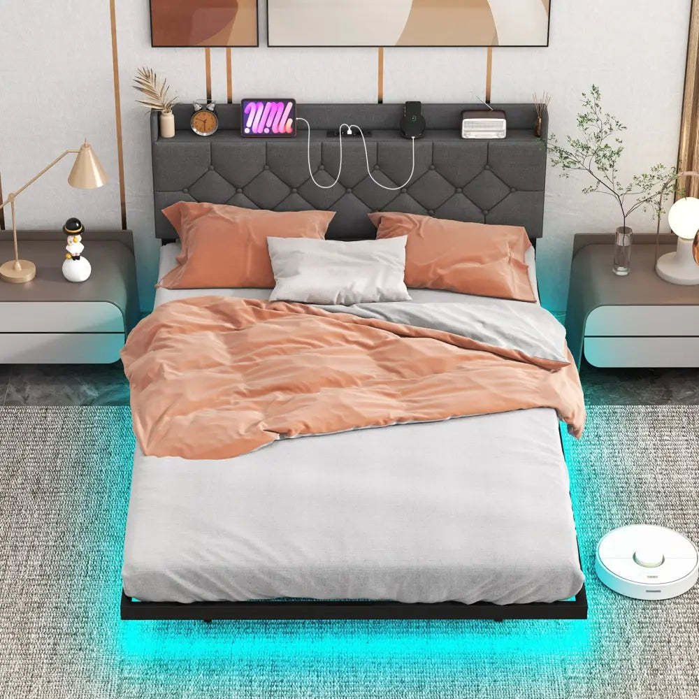 Full/Queen Size Floating Bed Frame with LED and Headboard and Charging Station-Full Size - Gray - Simple Bed Frame
