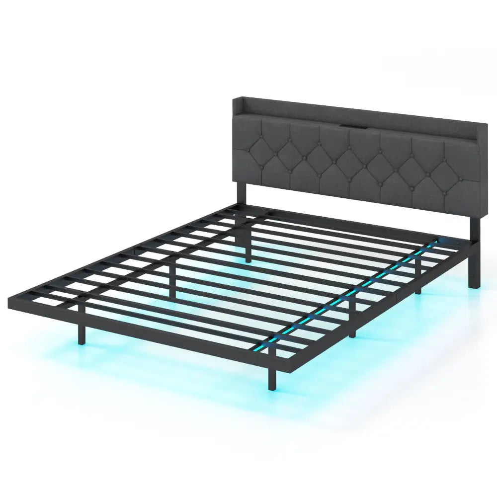 Full/Queen Size Floating Bed Frame with LED and Headboard and Charging Station-Queen Size - Gray - Simple Bed Frame