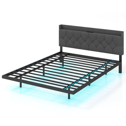 Full/Queen Size Floating Bed Frame with LED and Headboard and Charging Station-Queen Size - Gray - Simple Bed Frame
