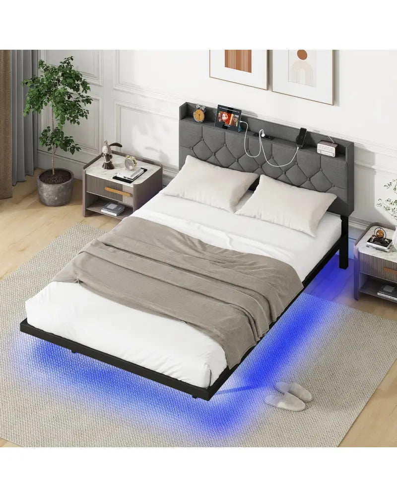 Full/Queen Size Floating Bed Frame with LED and Headboard and Charging Station-Full Size - Gray - Simple Bed Frame