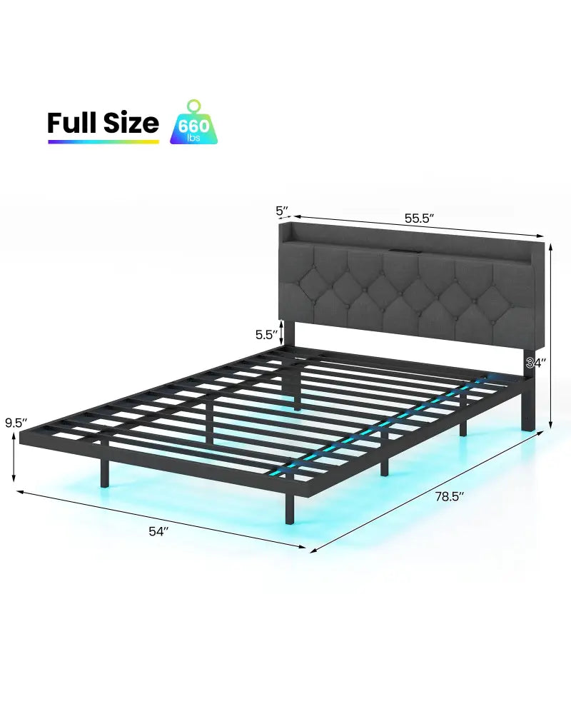 Full/Queen Size Floating Bed Frame with LED and Headboard and Charging Station-Full Size - Gray - Simple Bed Frame