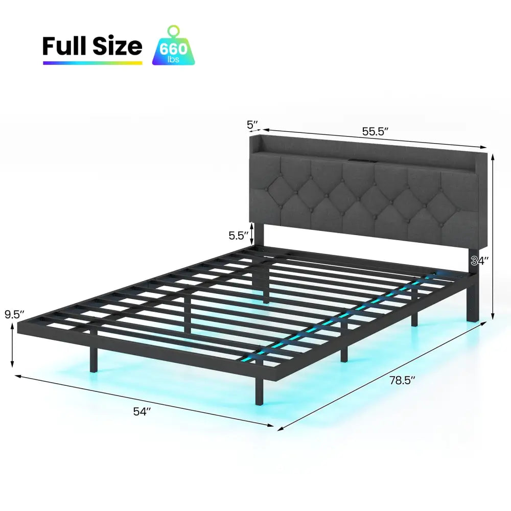 Full/Queen Size Floating Bed Frame with LED and Headboard and Charging Station-Full Size - Gray - Simple Bed Frame