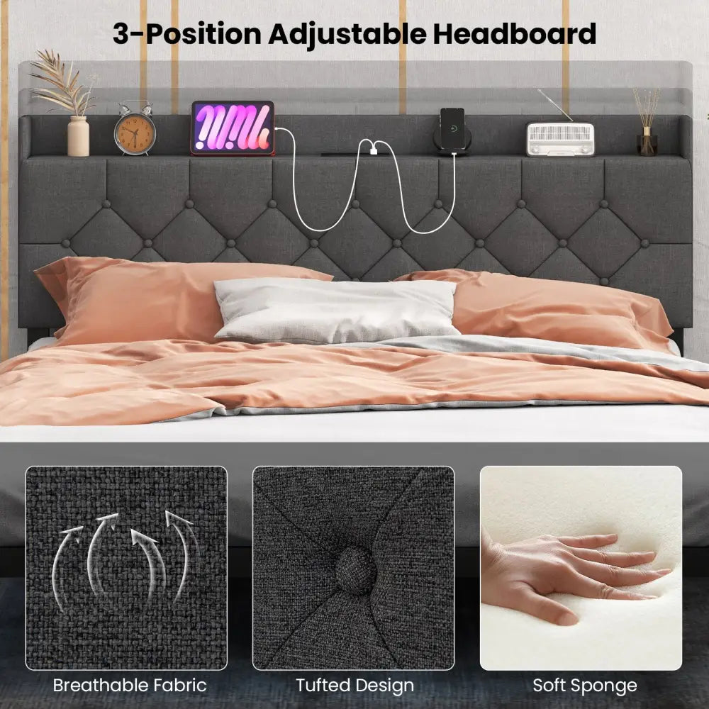 Full/Queen Size Floating Bed Frame with LED and Headboard and Charging Station-Queen Size - Gray - Simple Bed Frame