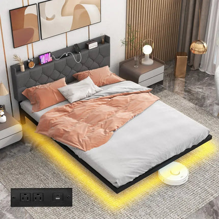 Full/Queen Size Floating Bed Frame with LED and Headboard and Charging Station-Queen Size - Gray - Simple Bed Frame