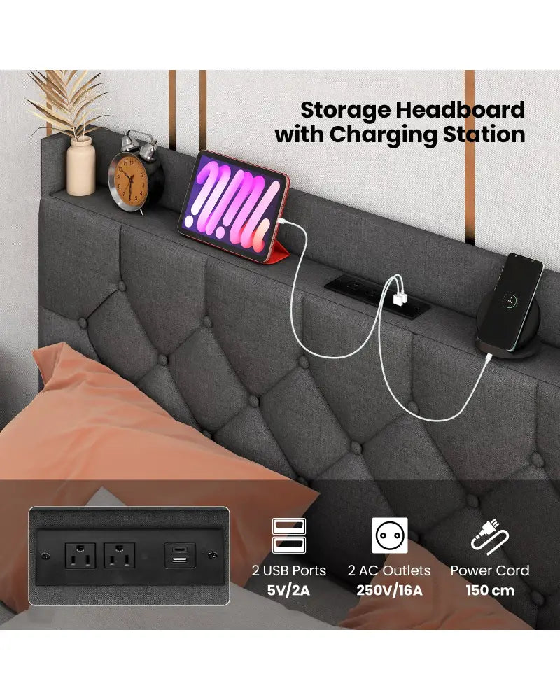Full/Queen Size Floating Bed Frame with LED and Headboard and Charging Station-Full Size - Gray - Simple Bed Frame