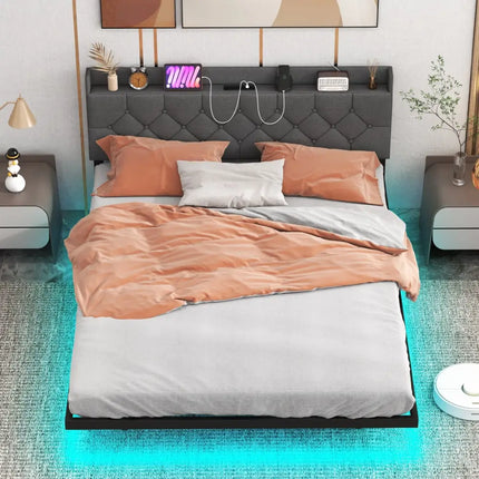 Full/Queen Size Floating Bed Frame with LED and Headboard and Charging Station-Queen Size - Gray - Simple Bed Frame