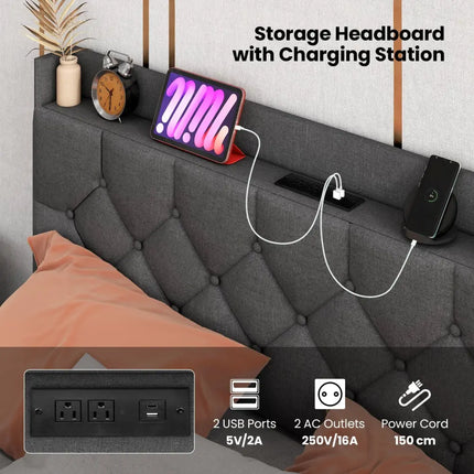 Full/Queen Size Floating Bed Frame with LED and Headboard and Charging Station-Full Size - Gray - Simple Bed Frame