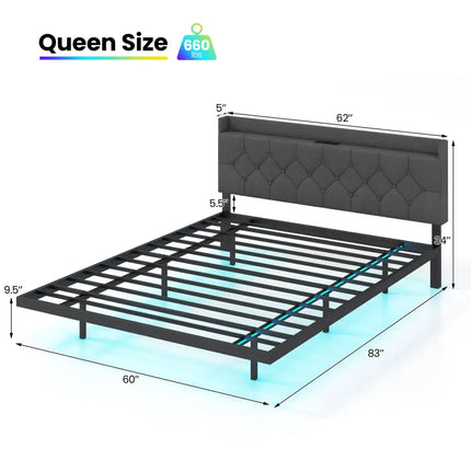 Full/Queen Size Floating Bed Frame with LED and Headboard and Charging Station-Queen Size - Gray - Simple Bed Frame