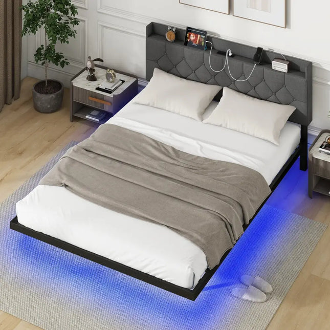 Full/Queen Size Floating Bed Frame with LED and Headboard and Charging Station-Queen Size - Gray - Simple Bed Frame