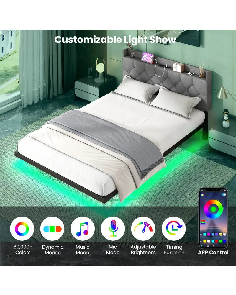 Full/Queen Size Floating Bed Frame with LED and Headboard and Charging Station-Full Size - Gray - Simple Bed Frame