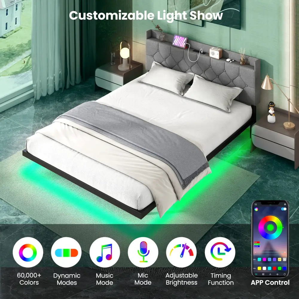 Full/Queen Size Floating Bed Frame with LED and Headboard and Charging Station-Queen Size - Gray - Simple Bed Frame