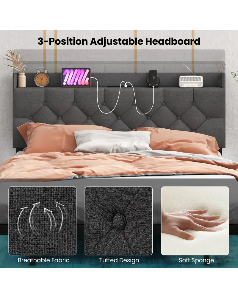 Full/Queen Size Floating Bed Frame with LED and Headboard and Charging Station-Full Size - Gray - Simple Bed Frame