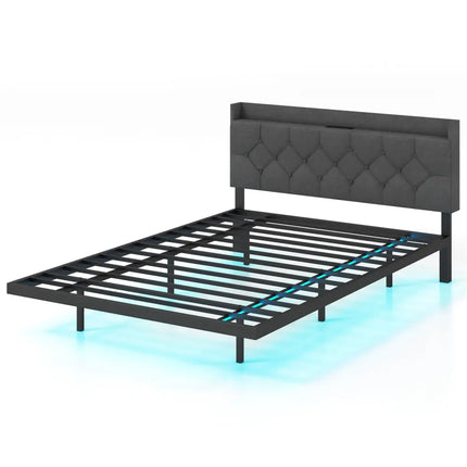Full/Queen Size Floating Bed Frame with LED and Headboard and Charging Station-Full Size - Gray - Simple Bed Frame
