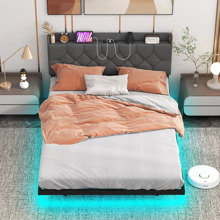 Full/Queen Size Floating Bed Frame with LED and Headboard and Charging Station-Full Size - Gray - Simple Bed Frame