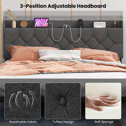 Full/Queen Size Floating Bed Frame with LED and Headboard and Charging Station-Queen Size - Gray - Simple Bed Frame