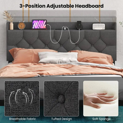 Full/Queen Size Floating Bed Frame with LED and Headboard and Charging Station-Full Size - Gray - Simple Bed Frame