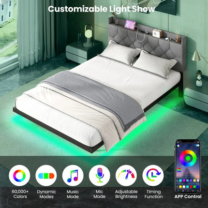 Full/Queen Size Floating Bed Frame with LED and Headboard and Charging Station-Full Size - Gray - Simple Bed Frame