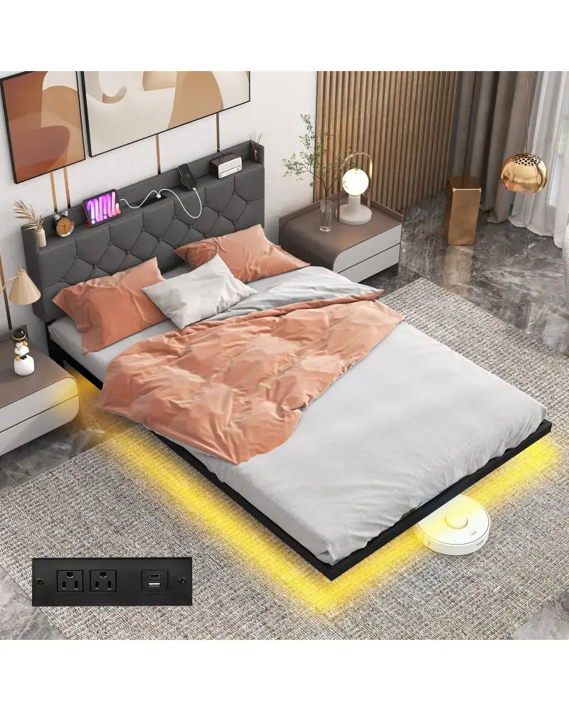 Full/Queen Size Floating Bed Frame with LED and Headboard and Charging Station-Full Size - Gray - Simple Bed Frame