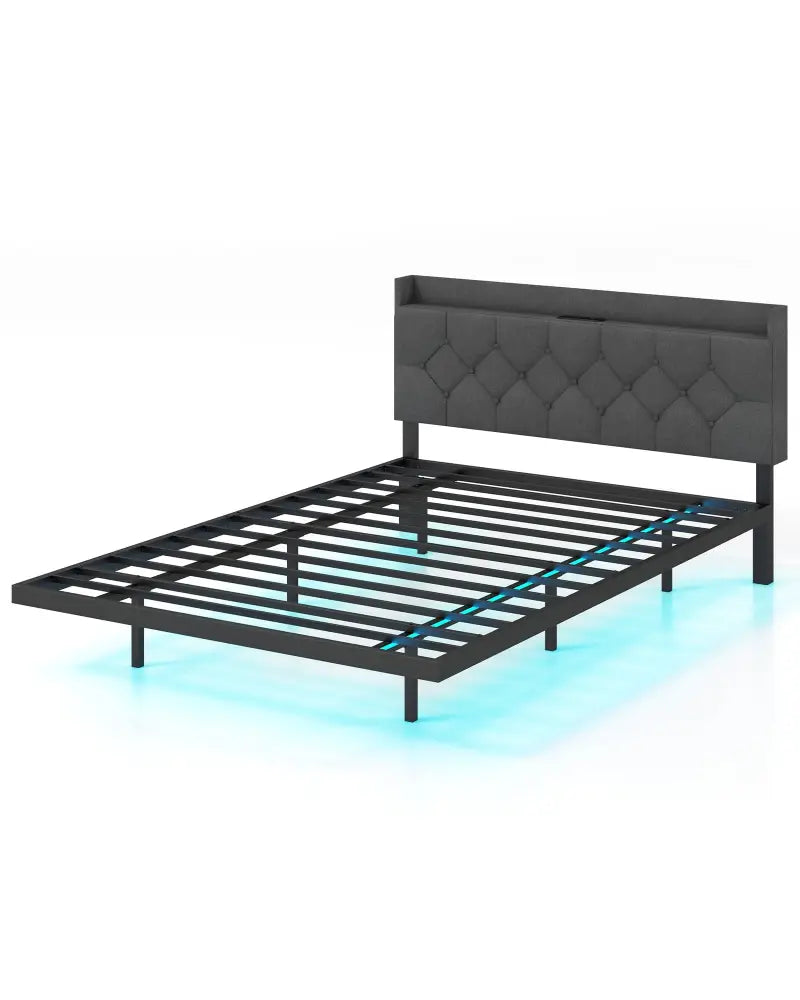 Full/Queen Size Floating Bed Frame with LED and Headboard and Charging Station-Full Size - Gray - Simple Bed Frame