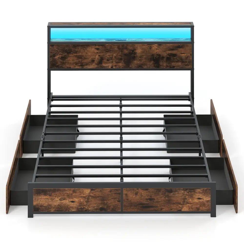 Full/Queen Size LED Bed Frame with Charging Station and 4 Storage Drawers-Queen - Simple Bed Frame