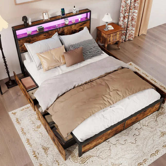Full/Queen Size LED Bed Frame with Charging Station and 4 Storage Drawers-Queen - Simple Bed Frame