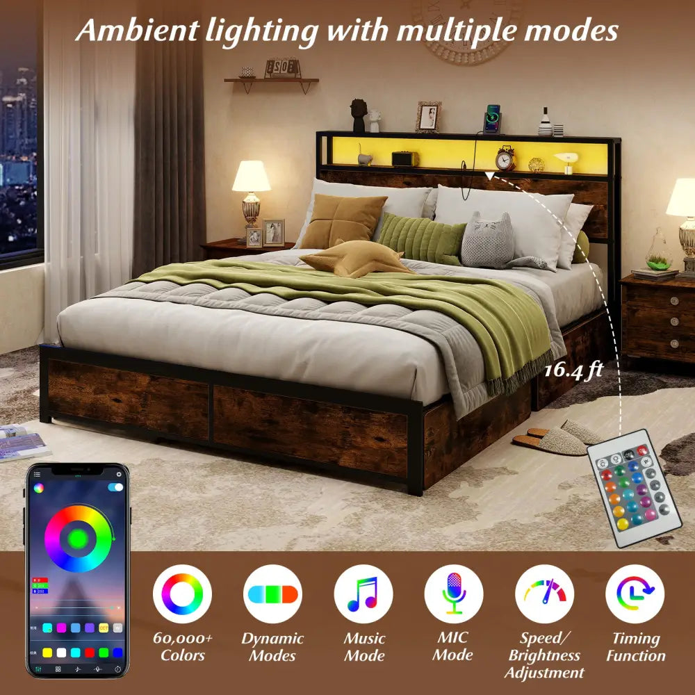 Full/Queen Size LED Bed Frame with Charging Station and 4 Storage Drawers-Queen - Simple Bed Frame