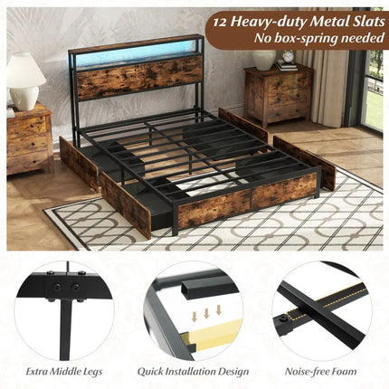 Full/Queen Size LED Bed Frame with Charging Station and 4 Storage Drawers-Full - Simple Bed Frame