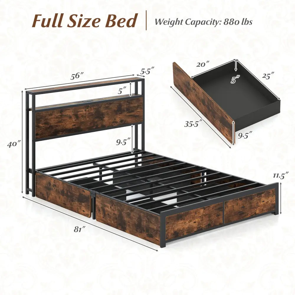 Full/Queen Size LED Bed Frame with Charging Station and 4 Storage Drawers-Full - Simple Bed Frame
