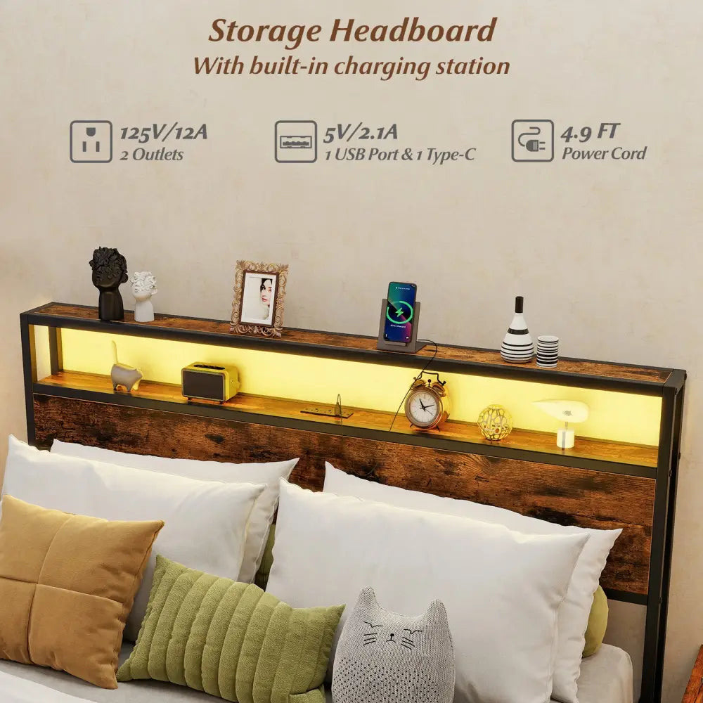 Full/Queen Size LED Bed Frame with Charging Station and 4 Storage Drawers-Queen - Simple Bed Frame