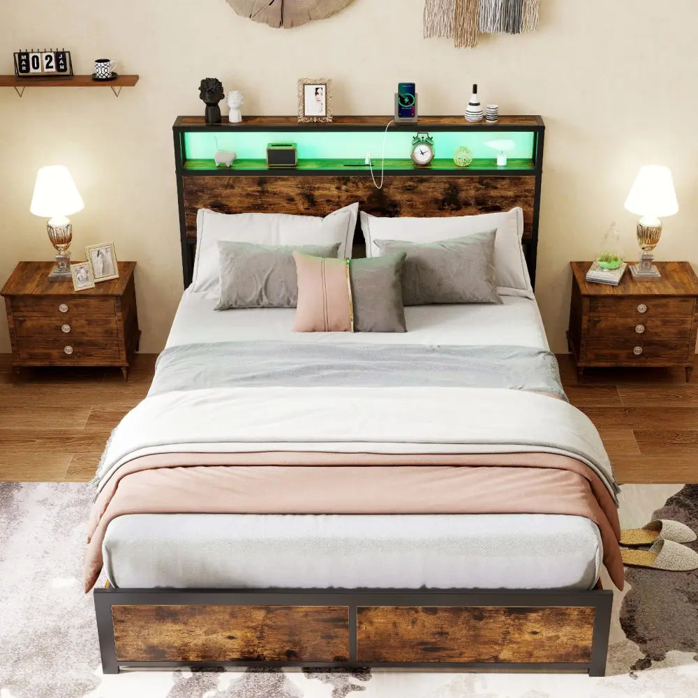 Full/Queen Size LED Bed Frame with Charging Station and 4 Storage Drawers-Full - Simple Bed Frame