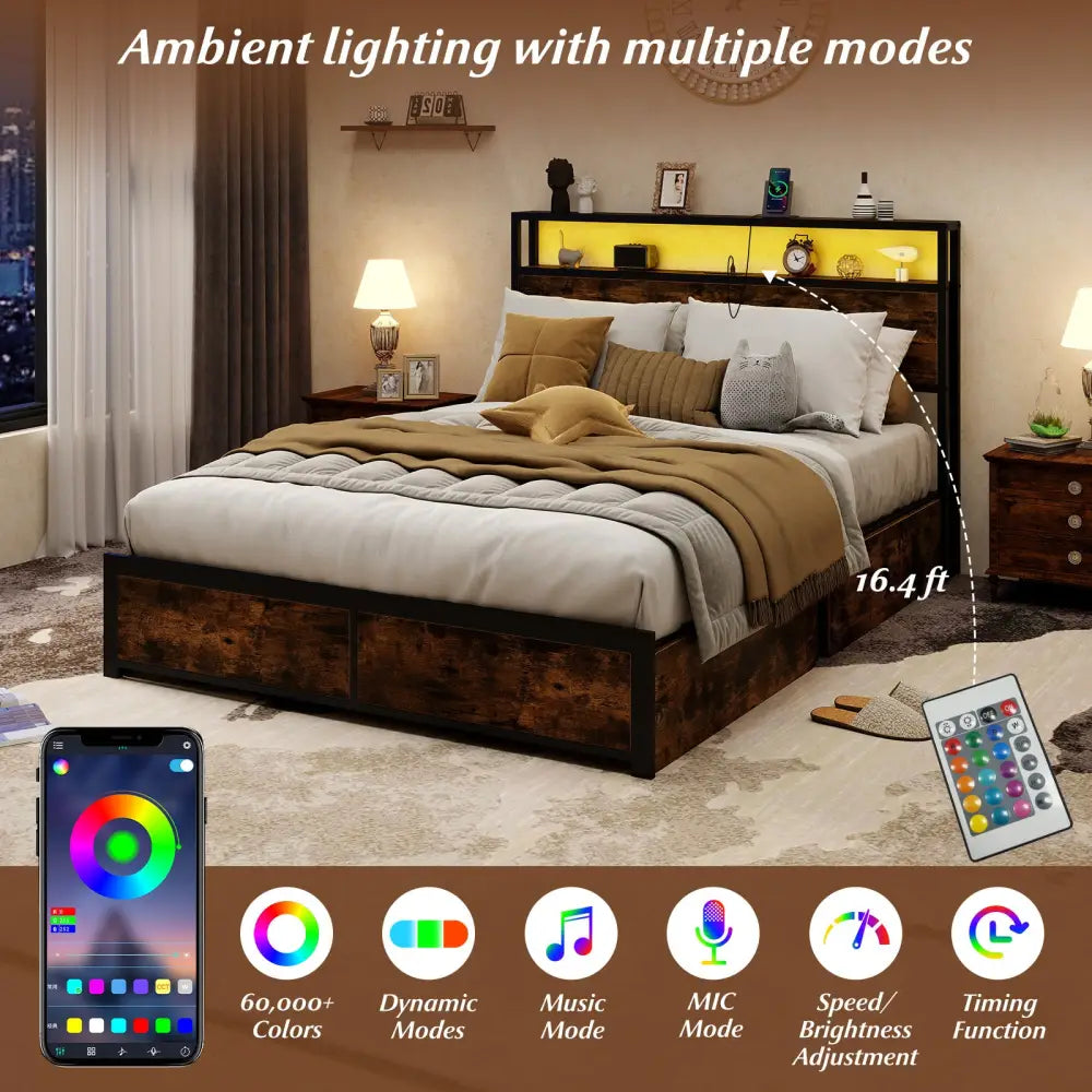 Full/Queen Size LED Bed Frame with Charging Station and 4 Storage Drawers-Full - Simple Bed Frame