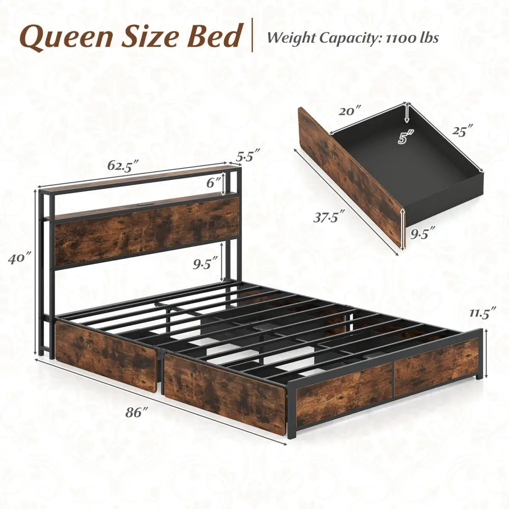 Full/Queen Size LED Bed Frame with Charging Station and 4 Storage Drawers-Queen - Simple Bed Frame