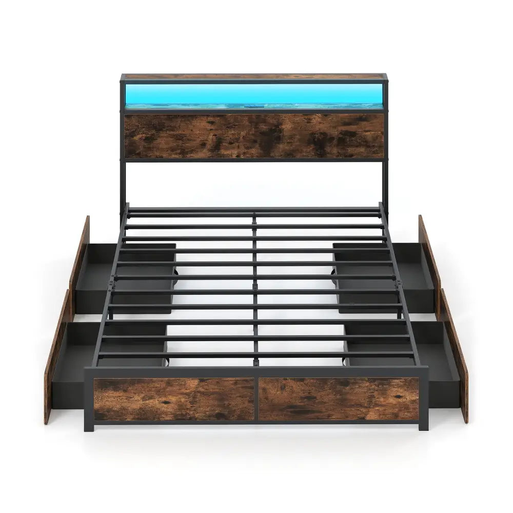 Full/Queen Size LED Bed Frame with Charging Station and 4 Storage Drawers-Queen - Simple Bed Frame