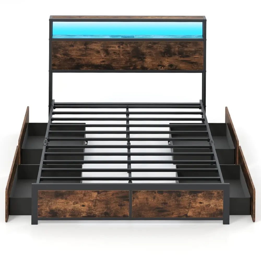 Full/Queen Size LED Bed Frame with Charging Station and 4 Storage Drawers-Full - Simple Bed Frame