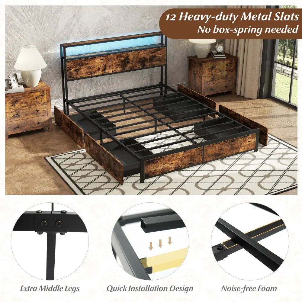 Full/Queen Size LED Bed Frame with Charging Station and 4 Storage Drawers-Queen - Simple Bed Frame