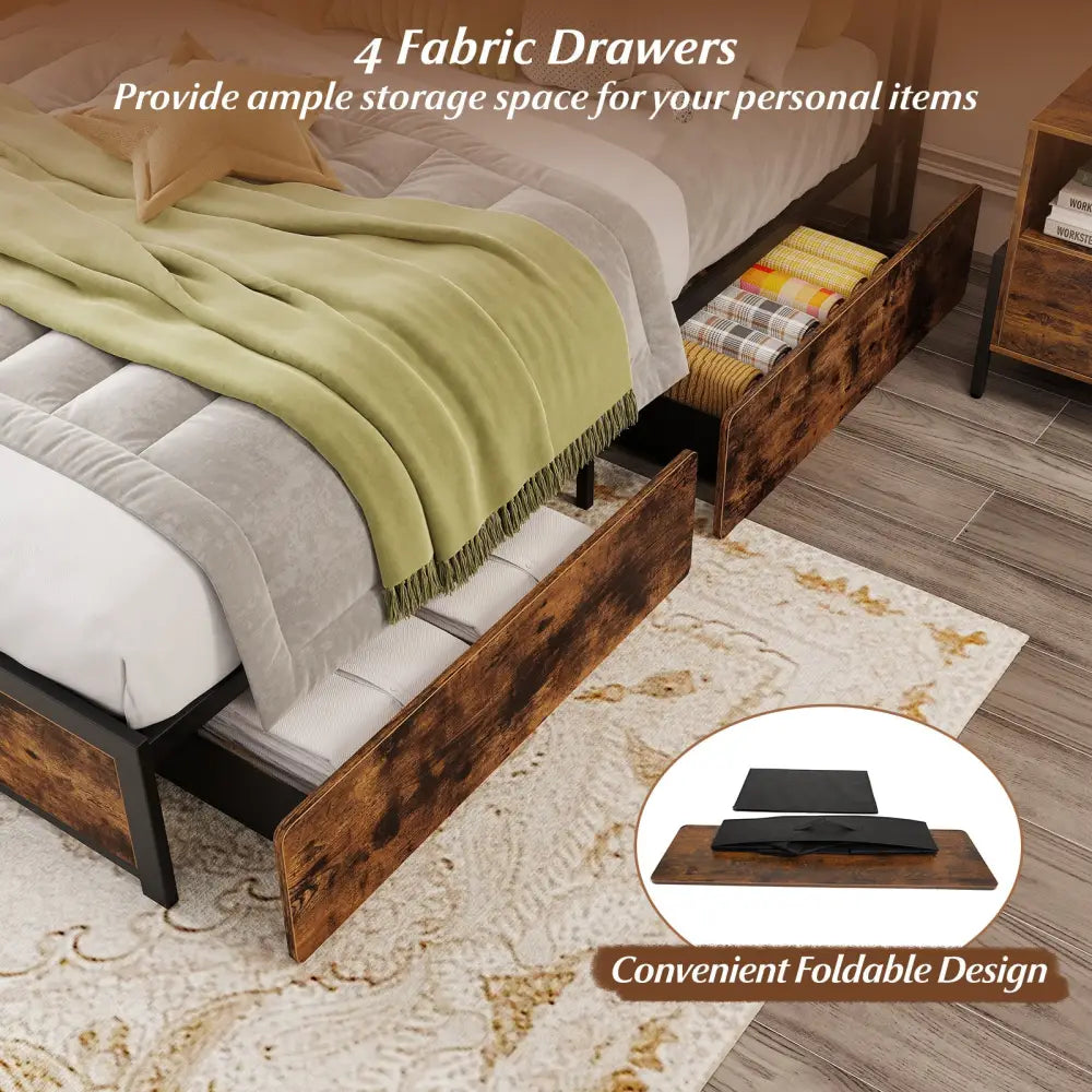 Full/Queen Size LED Bed Frame with Charging Station and 4 Storage Drawers-Queen - Simple Bed Frame