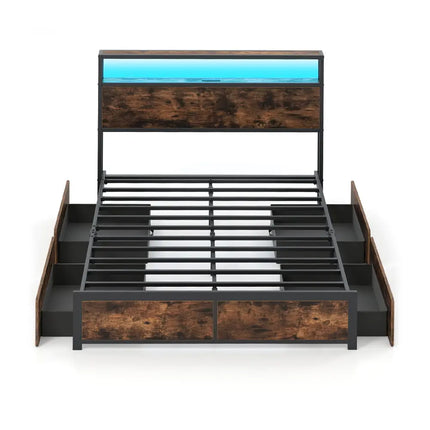 Full/Queen Size LED Bed Frame with Charging Station and 4 Storage Drawers-Full - Simple Bed Frame