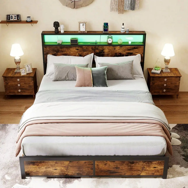 Full/Queen Size LED Bed Frame with Charging Station and 4 Storage Drawers-Queen - Simple Bed Frame
