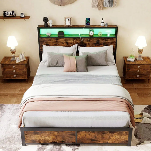 Full/Queen Size LED Bed Frame with Charging Station and 4 Storage Drawers-Full - Simple Bed Frame