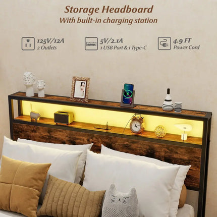 Full/Queen Size LED Bed Frame with Charging Station and 4 Storage Drawers-Full - Simple Bed Frame