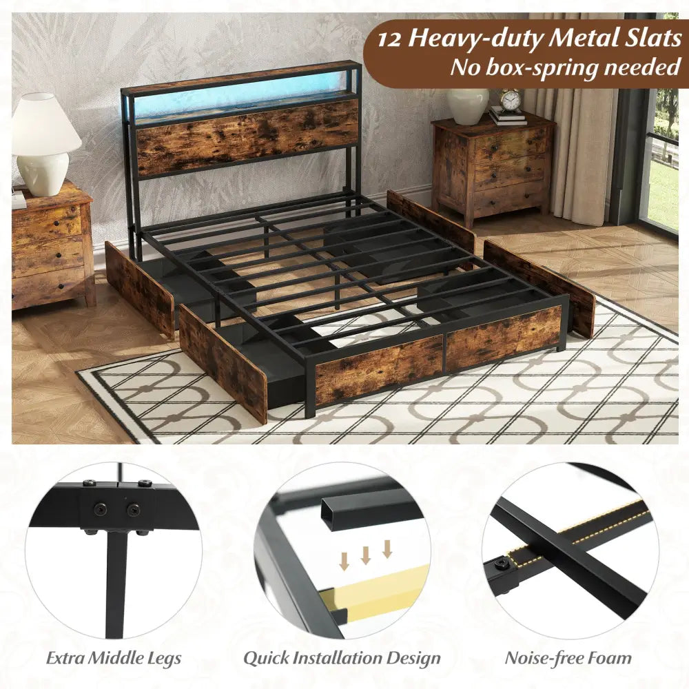 Full/Queen Size LED Bed Frame with Charging Station and 4 Storage Drawers-Full - Simple Bed Frame