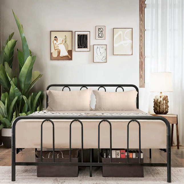 Full/Queen Size Metal Bed Frame with Headboard and Footboard-Full Size - Black - Simple Bed Frame