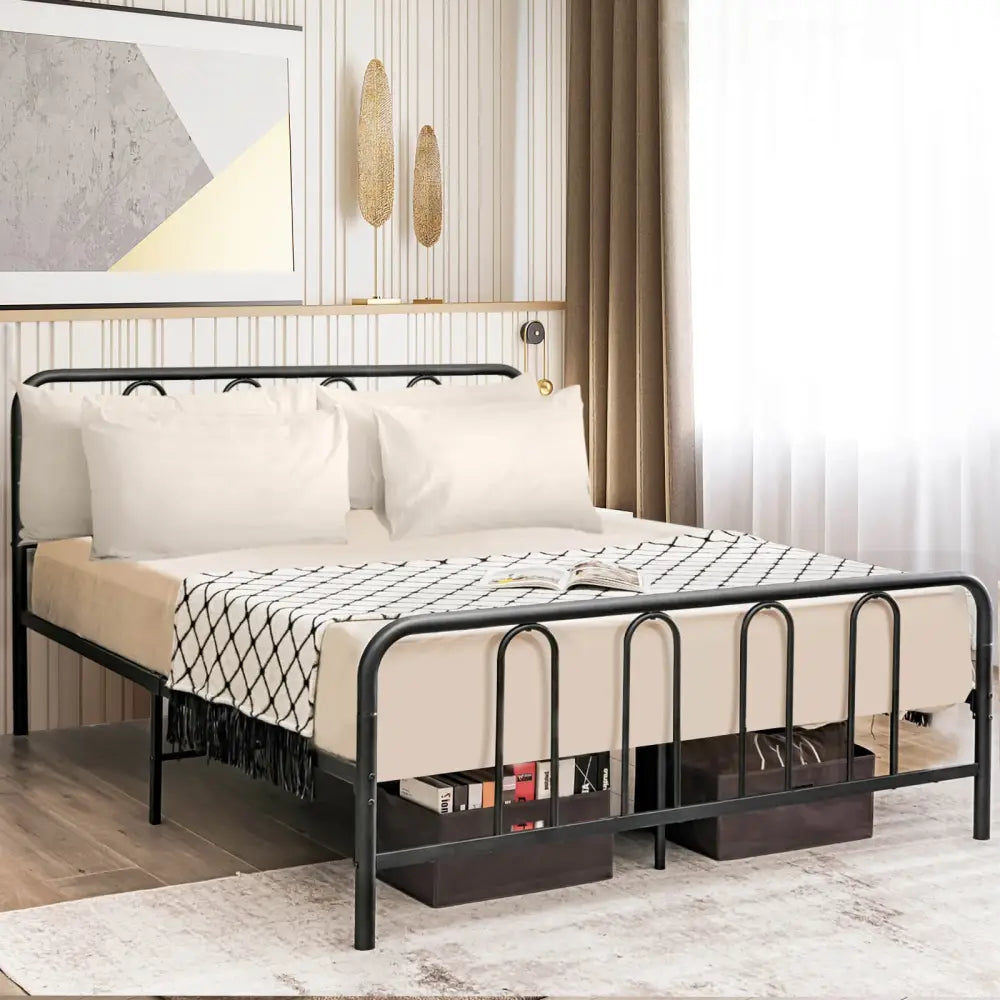 Full/Queen Size Metal Bed Frame with Headboard and Footboard-Full Size - Black - Simple Bed Frame