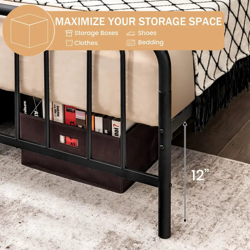 Full/Queen Size Metal Bed Frame with Headboard and Footboard-Full Size - Black - Simple Bed Frame