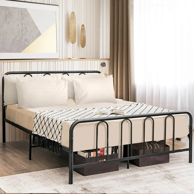 Full/Queen Size Metal Bed Frame with Headboard and Footboard-Full Size - Black - Simple Bed Frame