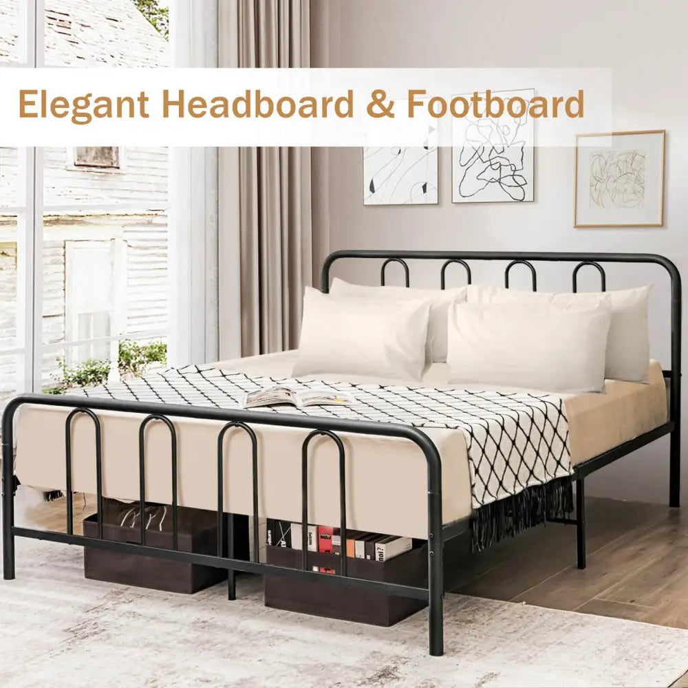 Full/Queen Size Metal Bed Frame with Headboard and Footboard-Full Size - Black - Simple Bed Frame