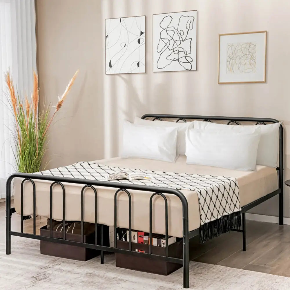 Full/Queen Size Metal Bed Frame with Headboard and Footboard-Queen Size - Black - Simple Bed Frame